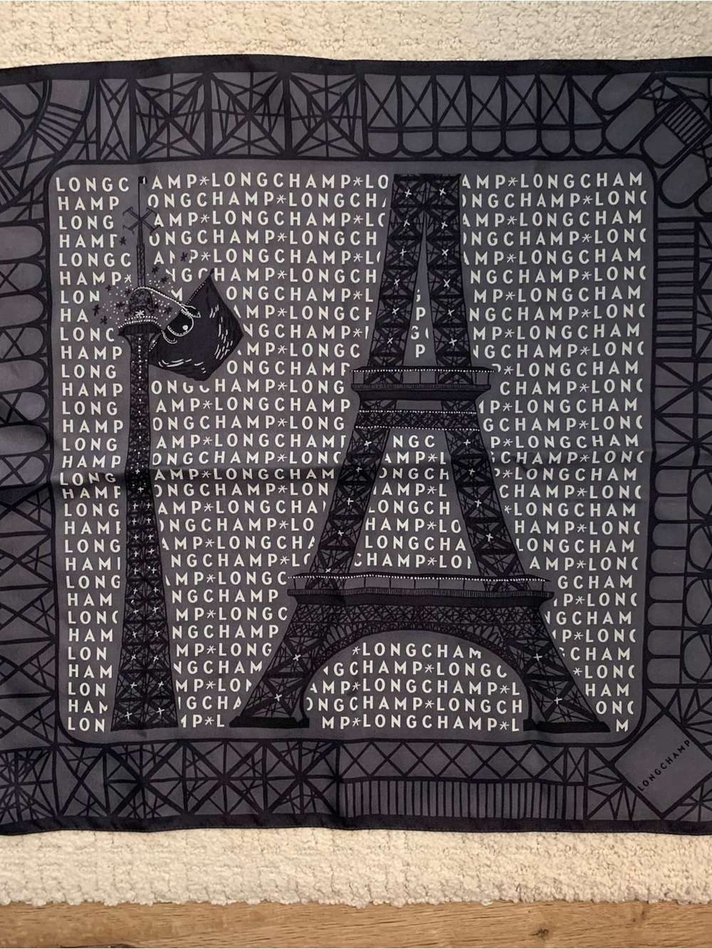 Longchamp Black and White Eiffel Tower Logo Scarf
